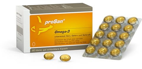 proSan Omega-3-Fettsäuren (Monatspackung: 60 Kapseln) | natürliches Premium Fischöl, 500 mg DHA + 100 mg EPA, für Herz, Gehirn, Sehkraft & Cholesterinspiegel, molekular destilliert
