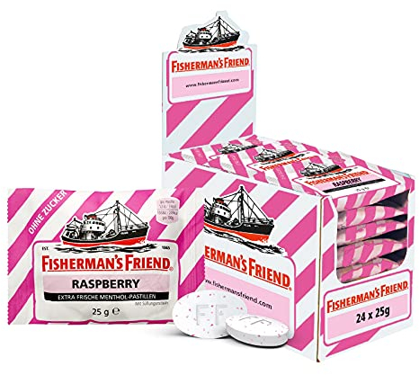Fisherman's Friend Raspberry, 24er Vorratsbox, Himbeere und Menthol Geschmack, zuckerfrei & vegan, Bonbons für frischen Atem, 24 x 25g