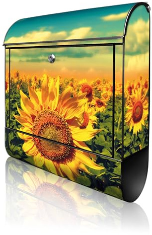 banjado Design Briefkasten 38,5x46,5x13cm & 2 Schlüssel - Briefkasten Stahl Schwarz mit Zeitungsfach pulverbeschichtet - Postkasten A4 Einwurf inkl. Montagematerial - Motiv Sonnenblumen