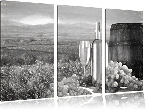 Pixxprint Weinreben mit Weinflasche und Fass Kohle Zeichnung Effekt, Leinwandbild 3 Teilig, Gesamtmaß: 120x80cm, Wandbild, Dekoration, fertig gespannt, Kein Poster