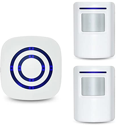 Solidpin Home Security Motion Sensor Alarm Outdoor, Wireless Driveway Alert: Infrared Chime Doorbell with 1 Plug-in Receiver and 2 PIR Detector Alert - 38 Tune LED Indicator, White