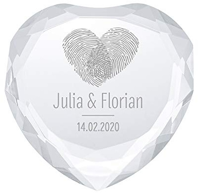 Casa Vivente Cœur en Cristal de Verre avec Gravure Personnalisée, 2 Noms et 1 Date, Motif Empreintes Digitales, Presse Papier avec Boîte