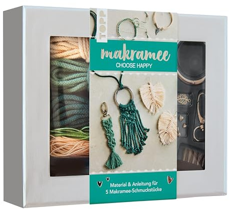 Makramee-Schmuckset Choose Happy (Petrol/Natur): Anleitung und Material für 5 Makramee Schmuckstücke. Mit Makramee-Drahtbürste und Knüpfboard.
