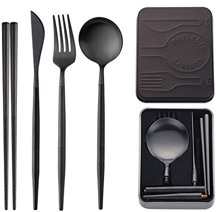 Do Buy Portable & Reusable Stainless Steel Travel Cutlery Set，Folding Utensil Set with Case ，for Camping, Picnic, Office and On-The-Go (Pocket Sized Flatware Set) (Black) (Black)