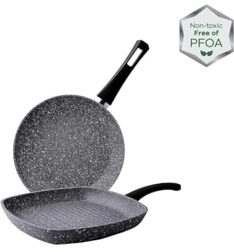 KARACA Gris Biogranite Grill & Frying Pan Set, 26cm & 28cm, Healthy Non-Stick Coating, 7X More Resistant Against Scratches