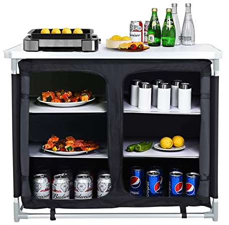 Warmiehomy Folding Camping Storage Cupboard Portable Camping Kitchen Unit with Aluminium Frame, 1 double cupboard, Black, 100×50×80cm