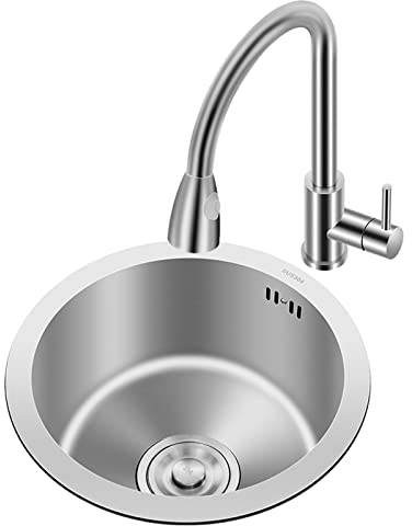 LBSI Fregadero Cocina un Seno con Escurridor Fregadero Redondo de Barra de Bar Mini Pequeño Tanque Individual de Acero Inoxidable 304 Proceso de Dibujo 30 * 30 * 21cm