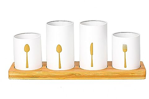 Innoteck Essentials 4pc Kitchen Cutlery Holder Set - Modern Farmhouse Kitchen Décor - Natural Bamboo - White Utensil Crock - Vintage Organizer - Tool Caddy - Countertop Storage