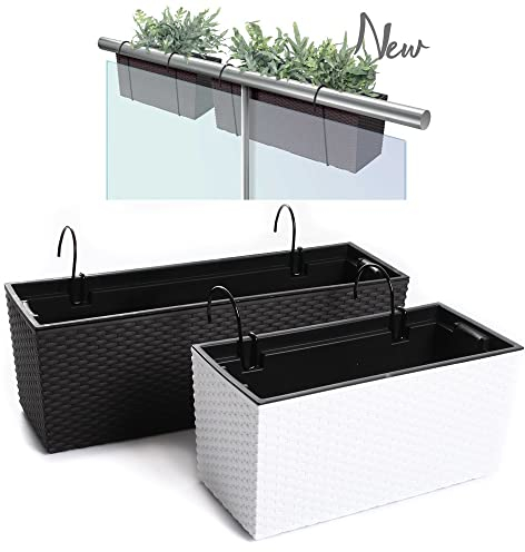 R.G. Blumenkasten Blumentopf Balkonkasten Geländerkasten Geländertopf DRCW Rattan Optik mit Halterungen Einsatz Aufhängung (400 Anthrazit)
