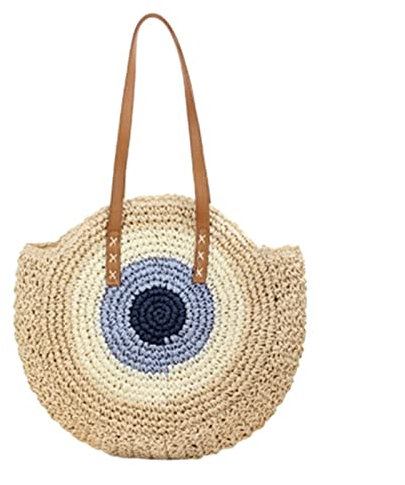 FJZFXKZL Strandtasche Stroh, Große Kapazität Umhängetasche Runde Handtasche Reißverschluss Modische Strohgewebe Tasche Handgemachte Sommerstrand Reise Urlaub Frauen Tote Strandtasche