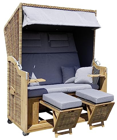 Trendyshop365 Strandkorb XL 2-Sitzer Echtholz Teak mit Rollen Kissen Polster Grau Aufgebaut B-Ware mit Leichten Polsterflecken