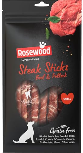 Rosewood Steak Sticks Bœuf et Colin Petit – Friandise à mâcher pour Chien, Peau de bœuf et Colin, Aide aux Soins dentaires, sans céréales, sans additifs artificiels, 90 g