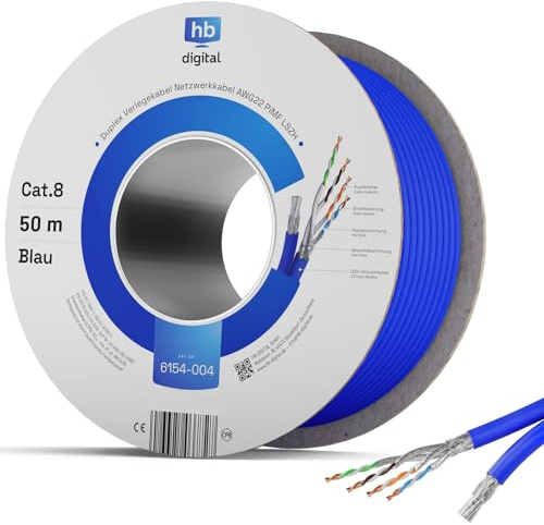 HB-DIGITAL 50m CAT 8 Netzwerkkabel LAN Kabel Verlegekabel Ethernet Installationskabel 40 Gbit/s AWG 22/1 reines Kupfer S/FTP LSZH BauPVO Klasse B2ca Datenkabel Duplex - Blau
