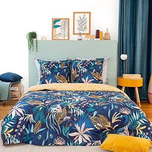 CÔTE DECO Parure de Lit 2 Personnes avec Housse de Couette 220x240cm + 2 Taies d'oreiller 63x63cm Motif Feuilles Tropicales 100% Coton Adouci Bleu