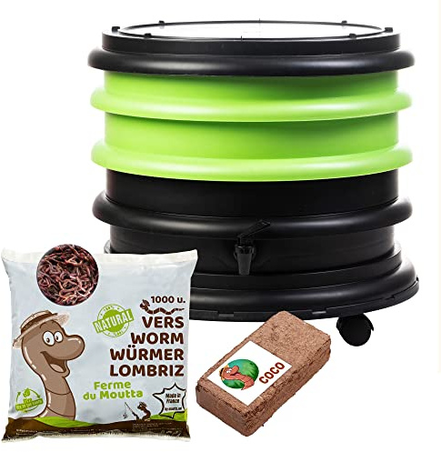 WORMbox | Lombricomposteur 2 Plateaux Vert Anis + 500gr de vers de Compost + 1 Bloc Coco | 32 litres | Compostez Vos déchets organiques, Les vers de Terre/lombrics produisent du lombricompost