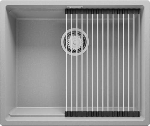 PRIMAGRAN Fregadero bajo Encimera al Mueble 60cm + Kit de desagüe, 56x47cm | Set: Kit de desagüe (sifón, válvula, rebosadero) + Enrollable Escurridor + Prague Level 1 Seno para Cocina, Gris