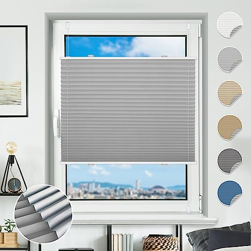 Plissee ohne Bohren Verdunkelung Plissees Klemmfix 80x130cm(BxH) Hellgrau 100% Blickdicht Verdunklungsplissee Fensterrollo innen ohne Bohren Aluminium Rollos für Fenster & Tür