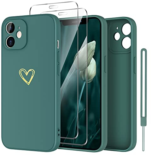 YisrLery Gold Herz Handyhülle Kompatibel mit iPhone 11 Hülle und 2 Stück Schutzfolie, Bling Gold Liebesherz Kameraschutz Schutzhülle Weich Silikon Stoßfeste TPU Case Grün