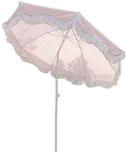 HZSCL Gekippter Terrassenschirm Mit Quaste Retro Runder Sonnenschirm Gartenschirm Rosa Und Weiß Gestreift Strandschirm Verstellbar Faltbar Schutz UV50+