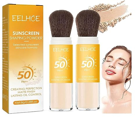 BAInuai Lot de 2 poudres de fixation minérales de protection solaire, fond de teint en poudre SPF 50 PA +++ protection solaire, contrôle de l'huile, finition mate naturelle, poudre minérale solaire