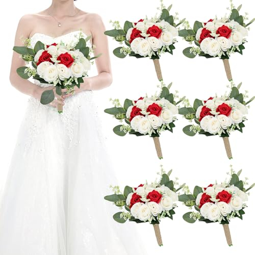 HOMENERGY Blumensträuße für Brautjungfern, 17,8 cm, künstlicher elfenbeinfarbener Blumenstrauß für Party, Zeremonie, Jahrestag, Esstisch, Tafelaufsätze, Dekoration, Rot und Weiß, 6 Stück