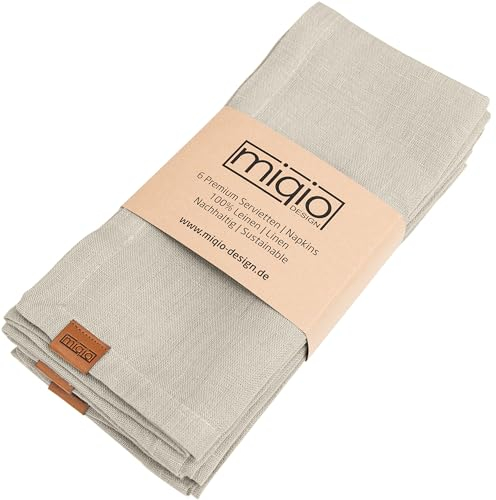 Miqio® Design - Premium Leinenservietten | 100% Leinen aus Frankreich | Marken Label aus echtem Leder | 6er Set Servietten waschbar | Stoffservietten Serviette aus Leinen (Natur)
