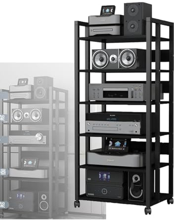 BZJPRFC 6-stufiger AV-Medienkomponentenschrank, Gaming-TV-Schrank Und Stereo-Rack-Audioturm Mit Einstellbarer Höhe, Bürodrucker-Aufbewahrungsregal Mit Rollen