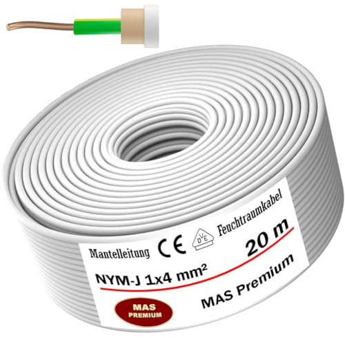 MAS Premium 5-100m Feuchtraumkabel Stromkabel Mantelleitung NYM-J 1x1,5, 2,5, 4, 6, 10, 16 oder 25 Elektrokabel OFC Ring für feste Verlegung (NYM-J 1x4 mm², 20m)