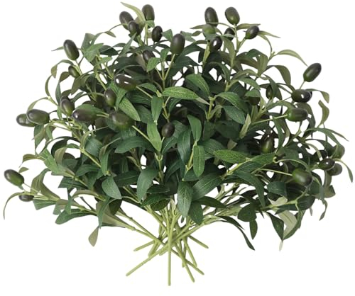 Mizii Künstliche Olivenzweige, 27,9 cm, künstliche kleine Girlande, Seidengrüne Blätter, Beeren, künstliche Baumpflanzen, grüne Stiele für Vasenfüller, Tischdekoration, 20 Stück