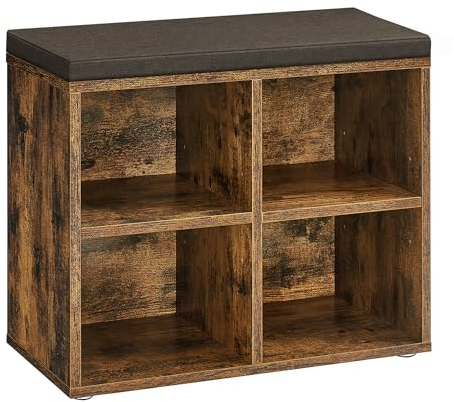 VASAGLE skobänk, skoställ med sits, bänk med förvaringsutrymme, kuddar, 4 fack, justerbara hyllor, för vardagsrum, hall, 30,5 x 59,6 x 48 cm, vintage brun-kastanjbrun LHS234K01