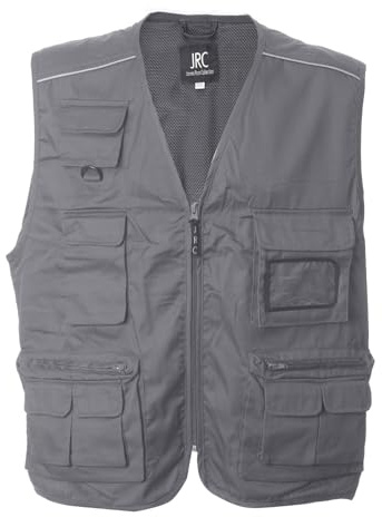Siry Work Gilet senza maniche uomo multitasche, in cotone e poliestere, pesca, logistica, con tasca portabadge a scomparsa e profili rifrangenti, JRC Art. New Safari (3XL-GRIGIO)