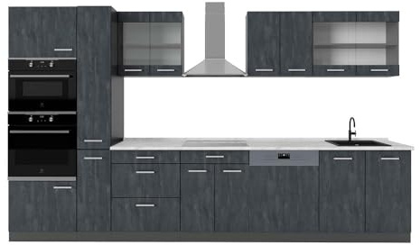 Vicco Küchenzeile R-Line, Schwarz Beton/Anthrazit, 350 cm, AP Marmor, zur flexiblen Erweiterung durch zusätzliche Module geeignet