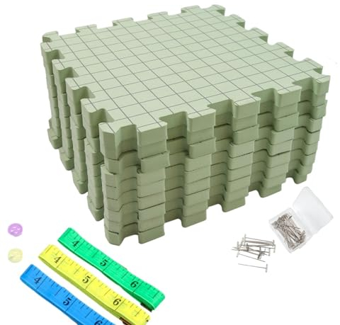 Gehäkelte Blockiermatten,Spannmatten Mit Raster, Matten Zum Spannen Handarbeiten Häkeln Spitze Rasterlinien Schaumstoff-Strickbrett-Häkelmatten Spannunterlagen-Set Mit 9 Stück Matten, 50 T-Nadeln