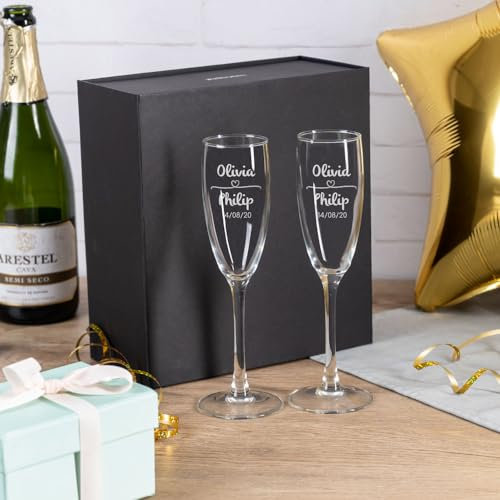 Wanapix | Calici da Spumante Personalizzato | Con Scatola Regalo | Set da 2 | Bicchiere da Champagne | Flute Spumante | Inciso al Laser | 20 cl | Regalo originale | Heart