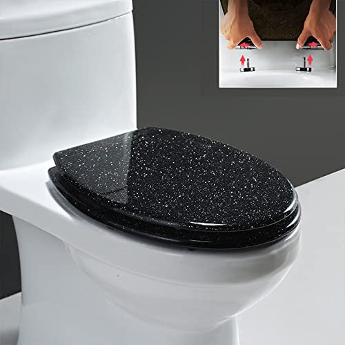 Giural Resin Toilet Seat, Glitter Toilet Seat Soft Close, Easy Clean, Soft Close Toilet Seat Glitter, Top Fixing Toilet Seats Oval 36 * 42Cm,Black