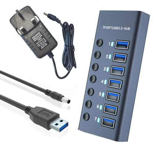 Balabaxer 7-Port Aluminium USB 3.0 Hub with 7-Port Data Transfer, 36W (12V/3A) Power Adapter, USB Splitter with Individual Switches