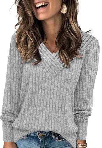 Famulily Casual Ladies V Neck Jumpers Long Sleeve Tops Baggy Tunic Sweater (S, Grey)