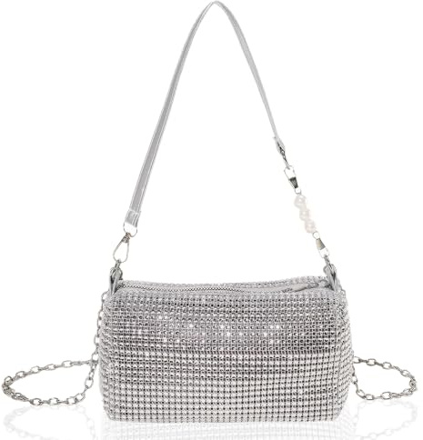 Silber Clutch Damen Glitzer - Handtasche mit Abnehmbarer Kette für Party & Hochzeit