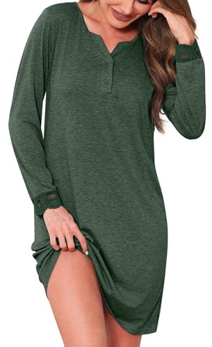 Jahetuul Chemise de Nuit Femme Coton à Manches Longues Vêtements de Nuit Col V Nuisette Robe de Nuit Tee Shirt