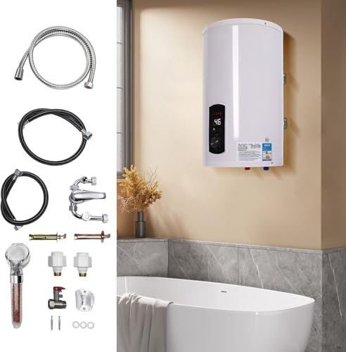 Calentador de Agua Eléctrico Vertical Con Pantalla Digital, 2000 W 220V, Con Tuberías de Agua, Ducha de Mano y Grifo, Rango de Calefacción 25-75 ℃, Blanco (Blanco, 50L)