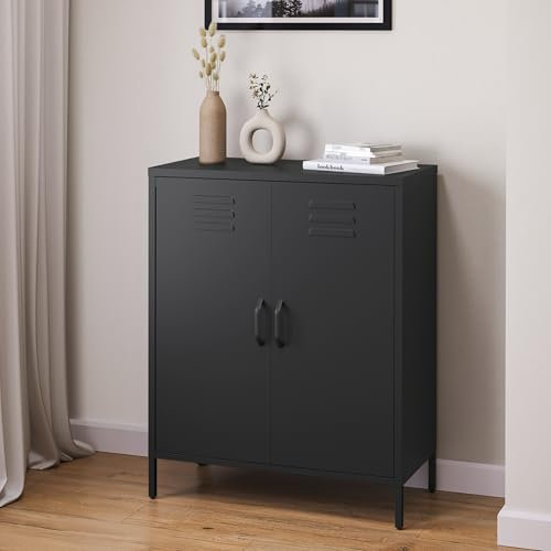 skølm Atria Metall Kommode – Sideboard in Schwarz – Metallschrank mit 3 Fächern & Doppeltüren – Mehrzweckschrank mit flexiblen Einlegeböden – Industrial Highboard – Aufbewahrungsschrank/Flurschrank