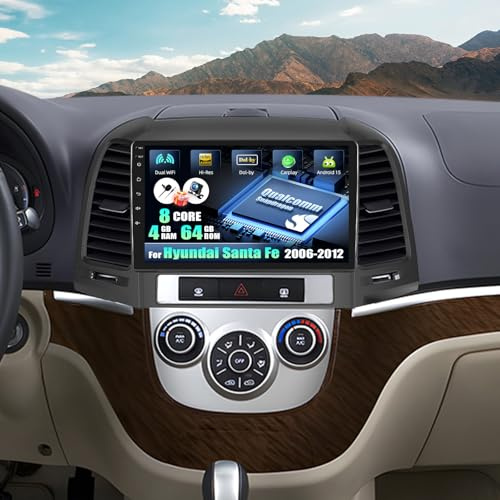 CAMECHO Qualcomm 8 Core 4G+64G Android 15 Autoradio para Hyundai Santa Fe 2006-2012, Doble DIN Radio con 9'' Touchscreen Soporta CarPlay,Dual WiFi,GPS,Bluetooth5.1, Dolby/Hi-Res+Cámara Trasera