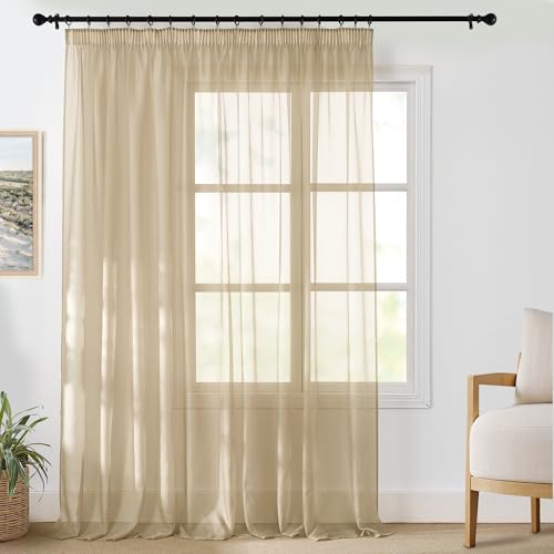 PONY DANCE Wohnzimmer Gardinen mit Kräuselband für Schienensystem 1er Set H 245 x B 300 cm Khaki, Extra Breite Vorhänge Transparent Bedroom Curtains with Rail Hooks