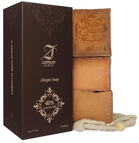 Zaman Sense Premium Aleppo tvål med 40 % lagerolja – 3-pack (3 x 200 g) inklusive bomullssvåpsäckar – naturlig tvål av olivolja, vegansk och plastfri – intensiv rengöring