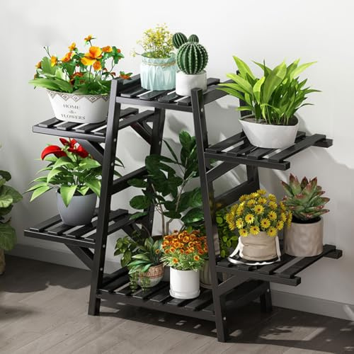 Support de plantes en bambou à 6 niveaux – Étagère à fleurs intérieur/extérieur pour décoration de salon et de terrasse – Présentoir élégant noir pour plantes de jardin, maison et bureau
