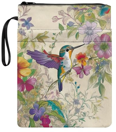 Poceacles Buchhülle mit Retro-Kolibri-Blumenmuster, mit Reißverschluss, waschbarer Stoff, Buchumschläge für Taschenbücher, Hardcover, Notizbuch, Bibel, Tagebuch, Lehrbücher