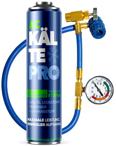 KÄLTEPRO Kältemittelersatz R134a Nachfüllset - Rundum-Set zum Klimaanlage selbst befüllen Entspricht 755g R134a - Dichtmittel, Öl & UV-Farbstoff - Für PKW 1995–2016 1x Dose + Schlauch