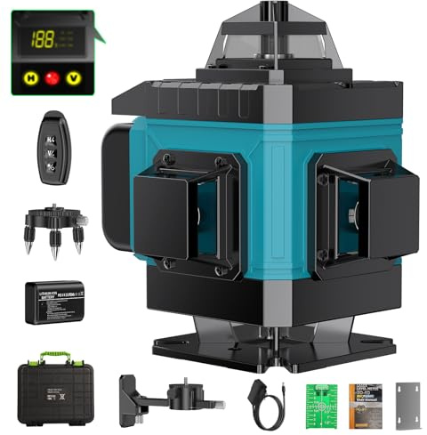 Nivel Laser Autonivelante 360 Grados, Nivel Láser Verde 16 Líneas, 2 x 360 Horizontal y 2 x 360 Verticales, 2 x Batería, Montaje en Pared, Control Remoto, Base Magnética, Soporte Giratorio