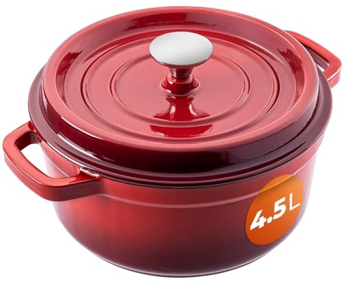 KADAX Gusseisentopf 4,5 Liter, Ø 23 cm, Schmortopf aus emailliertem Gusseisen, Rund Topf mit Deckel, Bräter zum Schmoren, Braten, Kochen & Backen, Bratentopf (Rot)