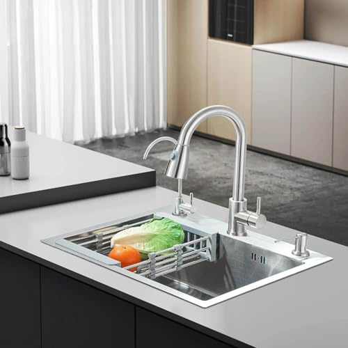 TVTIUO Cepillado Fregadero de Cocina de Acero Inoxidable 55x45 cm con Grifo Extraíble Dispensador de Agua Puray Jabón Líquido
